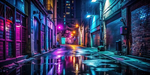 Dark alleyway with neon lights reflecting off wet pavement at night, urban decay