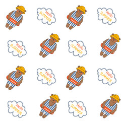 Funny Doodle-Style Bear in Striped Swimsuit and a hat with the “Hello Summer” inscription, seamless pattern. For Playful summer and vacation concepts, Children designs, Textile prints, Beach projects