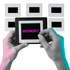 Hands holding a slide with a word on a black background digital graphic style presentation concept