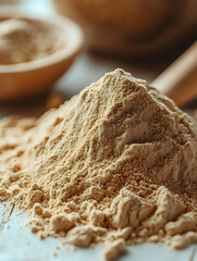 A close-up shot reveals a light brown, powdery substance, possibly a type of flour or herbal supplement, piled on a light surface.  A wooden bowl and utensil are subtly blurred in the background