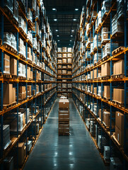 A vast warehouse interior, showcasing tall metal shelving units densely packed with cardboard boxes, a pallet of boxes centrally located in the aisle, and a dark, polished concrete floor under bright