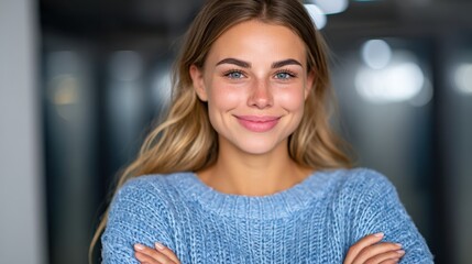 Fototapeta premium Young woman exuding confidence and warmth in a cozy sweater showcasing relaxed beauty and natural charm captured with soft lighting and contemporary background setting