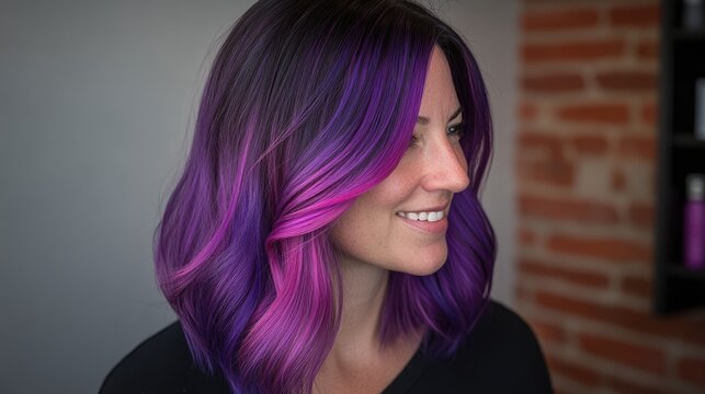 Woman with vibrant purple and pink ombre hair, shoulder length, wavy style, smiling subtly. 