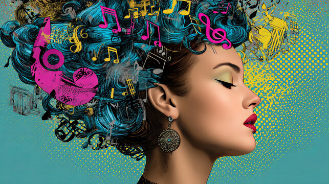 Young woman music notes instead of hairstyles. Pop art retro vector illustration. creativity and artistry