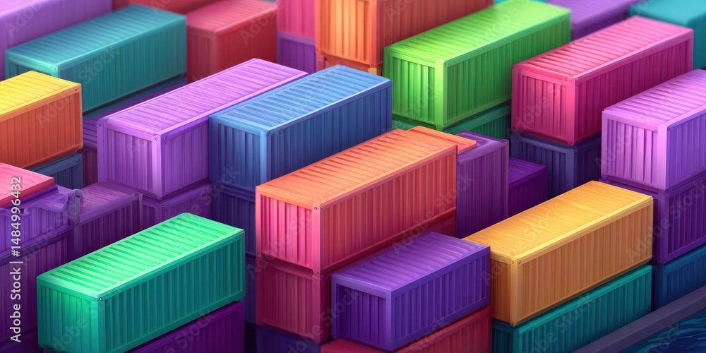 Poster vibrantly colored storage containers stacked together in a dynamic arrangement creating an abstract 