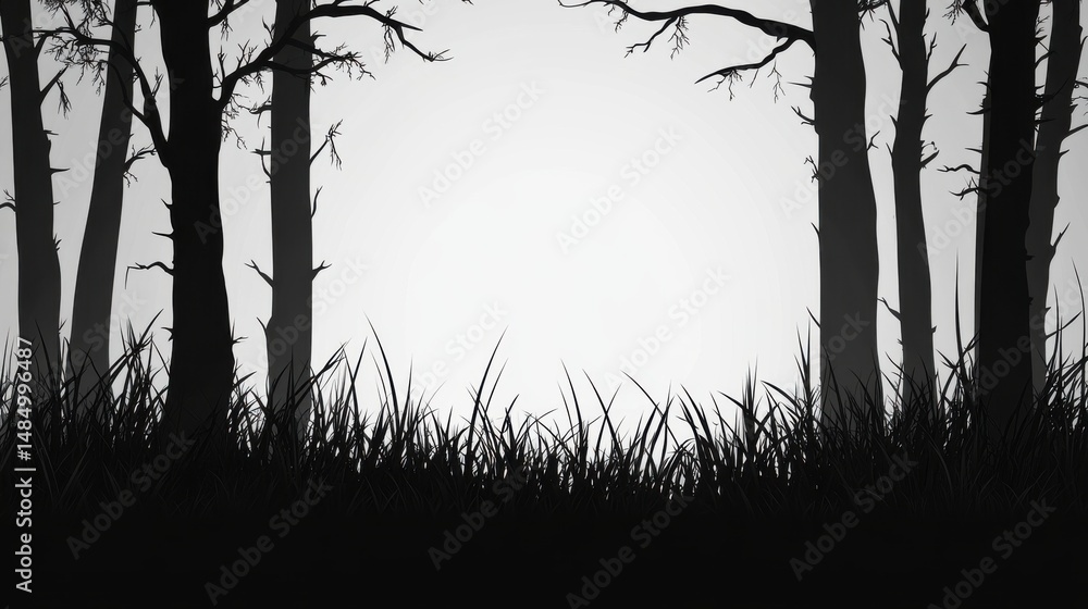 Poster silhouetted trees in a hazy monochromatic forest