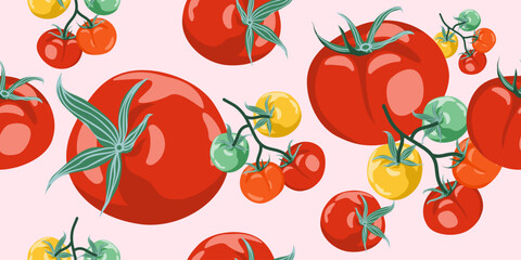 Seamless pattern of red, orange, yellow, and green cartoon tomatoes on a light pink background. Vegetable repeat design. Perfect for packaging, fabric, textile and wallpaper.
