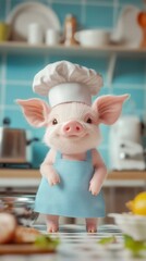 A tiny mini fluffy pink piglet in a miniature chef's hat and apron. The kitchen is bright and colorful, with large dishes and appliances.