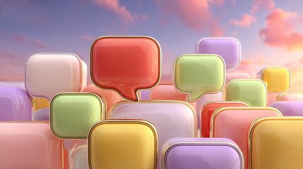 Fototapeta premium Floating pastel speech bubbles in a minimalist gradient space, symbolizing the exchange of feedback and creative ideas.