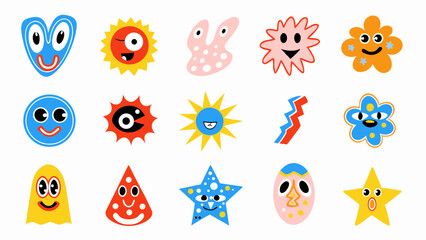 Collection of cartoonish shapes with faces and various colors in a playful and whimsical arrangement