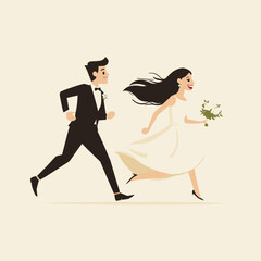 Playful bride and groom running together
