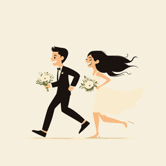 Playful bride and groom running together