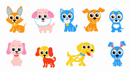 Obraz premium Illustration of various cartoon dogs in different colors and styles on a white background, playful puppies