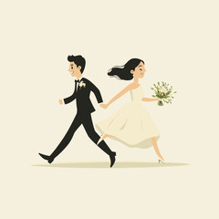 Playful bride and groom running together