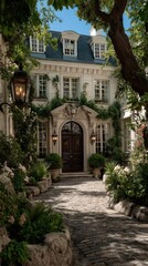 Fototapeta premium Grand mansion entrance with ornate doorway, framed by lush greenery; timeless elegance of luxury estate architecture.