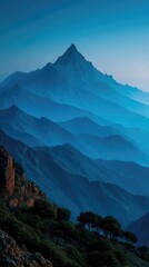Fototapeta premium Mountain silhouette under twilight sky, serene blue tones blending into dusk, nature's quiet grandeur