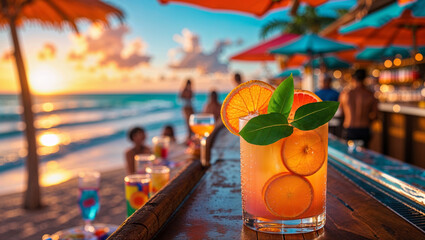A colorful cocktail, garnished with orange slices, sits at a tropical beach bar during sunset.