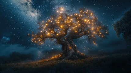 Fototapeta premium Enchanting tree illuminated with glowing lights under a starry night sky