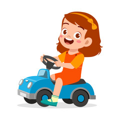 Happy little girl driving a blue toy car with smile expression cartoon vector illustration