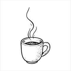 Hand-drawn coffee cup sketch, ideal for podcasting and creative break designs. Black and white vector style, perfect for media and cozy branding