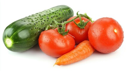Fresh cucumber, tomatoes, and carrot on white background.