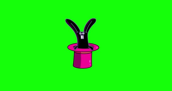 Rabbit black color in purple top hat green screen background. Cartoon animated magic fairy tales story or book character on greenbox backdrop.