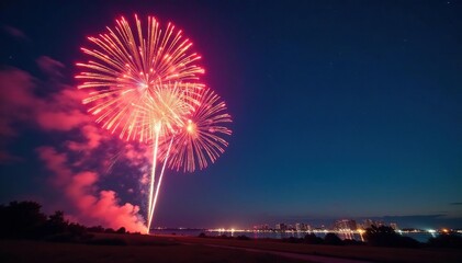 Vibrant firework explosion against a night sky , orange, sky, red