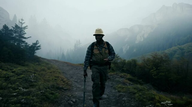 Rugged 45-year-old black park ranger walks confidently facing camera on misty mountain trail, rim light outlines silhouette against foggy wilderness, concept of experienced guide