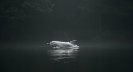 Naklejka premium Dolphin Swimming in Dark Water Reflecting Forest
