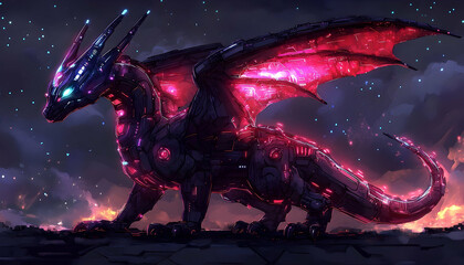 Cybernetic dragon illuminated by colorful lights stands proud against a colorful star-studded sky, displaying its powerful presence