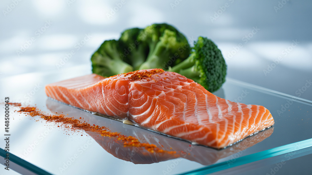 Poster fresh salmon fillet with broccoli and red spice on transparent background