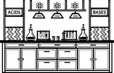 SVG vector of a laboratory and research facility focused on biology. Laboratory Station Displaying Acids and Bases with Scientific Equipment