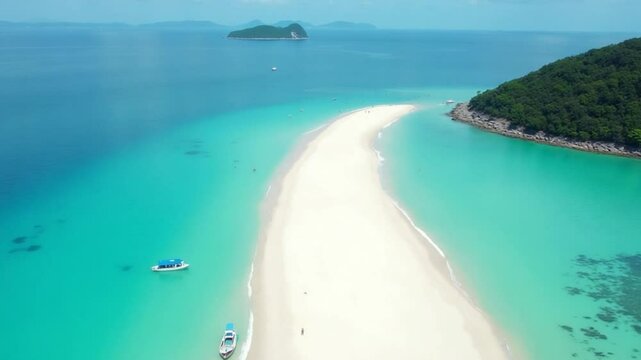 Drone video of deserted Natai beach in Thailand during the day with white sand and turquoise blue water