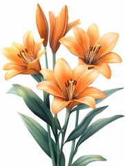 A cluster of four vibrant, peach-orange lilies, two in full bloom, two budding, with lush green leaves, depicted in a digitally rendered, highly detailed style against a stark white background