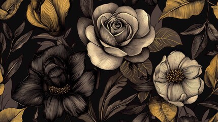 Floral pattern featuring dark moody roses, leaves and petals.