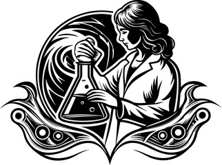 SVG vector of a laboratory and research facility focused on biology. Woman Pouring Reactive Solution into Erlenmeyer Flask in Laboratory