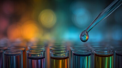 Close Up of Pipette Dropping Liquid into Test Tubes with Colorful Background