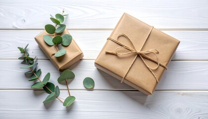 Rustic Paper Gift with Eucalyptus Sprig on White Wood