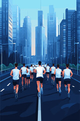 City Marathon with Runners in Synchronization