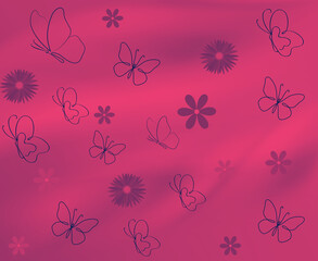 Line art abstract butterflies and flowers pattern in purple on a fuchsia gradient background