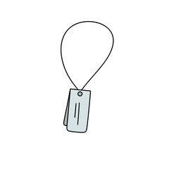 A tag with a metal clip is hanging from a string