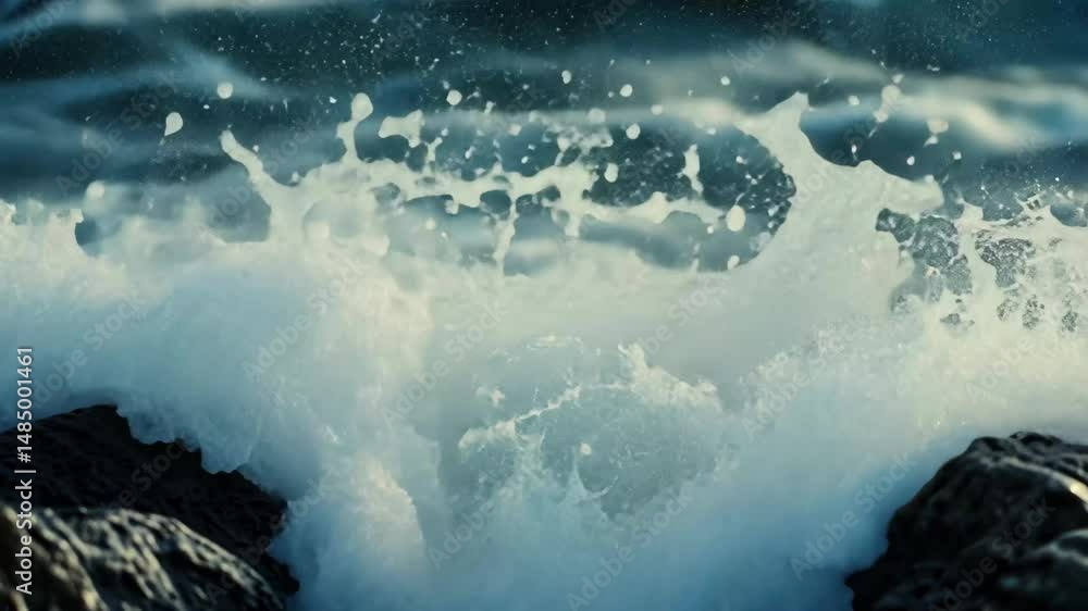Poster ocean waves crashing against rugged rocks create a dramatic display of nature's power, closeup of oc
