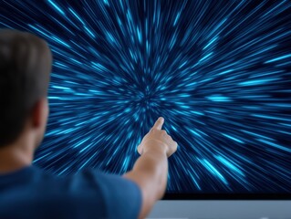 Individual observing dynamic visual representation of fast-moving light particles showcasing the elegance of speed and innovation in digital exploration captured with clarity