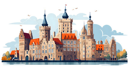 Fototapeta premium Detailed cartoon vector illustration of Het Belfort van Gent showcasing its historical significance