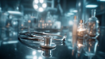 Closeup of a Stethoscope on a Reflective Surface in a Modern Medical Setting