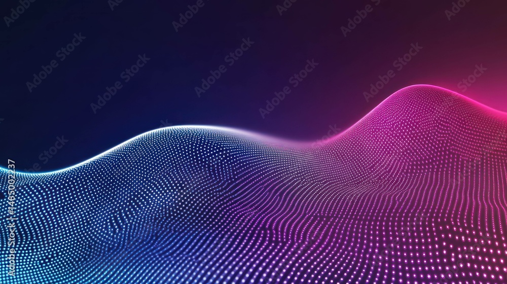 Poster abstract digital wave pattern with blue and pink particle glow.