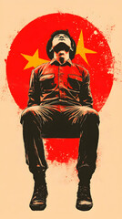 A stylized figure, head bowed, sits before a large red circle featuring two gold stars, evoking a sense of contemplation or oppression against a muted beige background; textured, graphic style