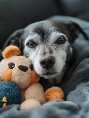 Elderly dog cuddles a plush teddy bear under a grey blanket