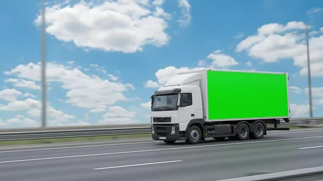 White delivery truck with green screen moving on road