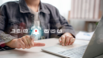 Email notification concept depicting user receiving new messages alert and interacting with digital inbox system for communication and task response in the modern workspace.